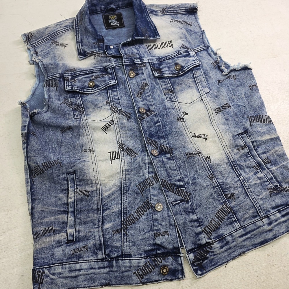 Jewel House AOP Logo Jean Jacket Distressed Wash Denim Button Vest Men's XL - Picture 2 of 10